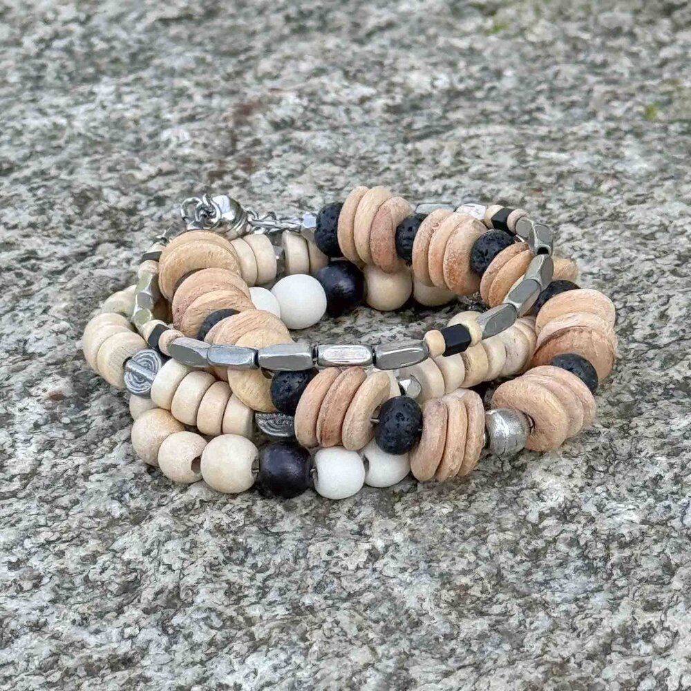 Handmade wood and metal unisex bracelet stack - Picture 4 of 10
